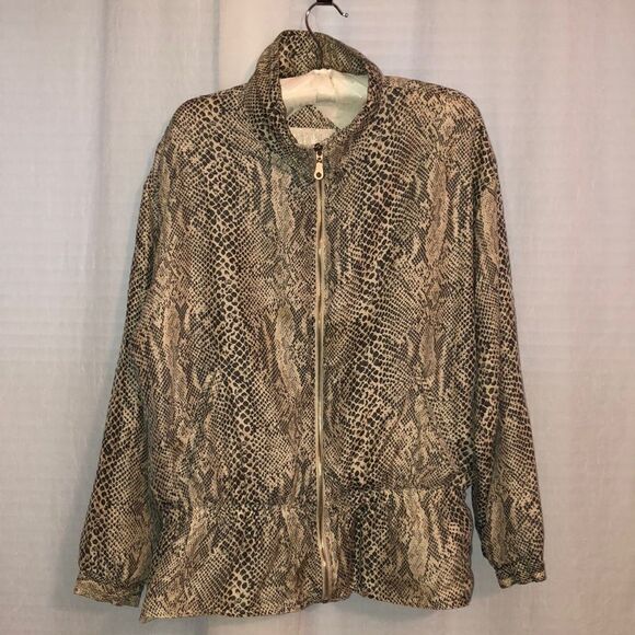 Vintage M Ivory Tan Gray Silk Python Print Windbreaker Jacket - Picture 1 of 11